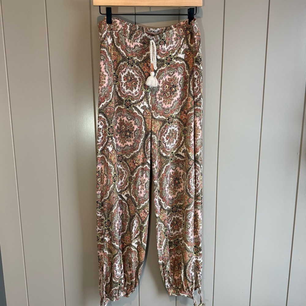 Anthropologie Artsy Boho Hippie Harem Pants Medium Paisley Pink Green White - Picture 3 of 13